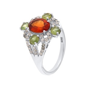 Inel din argint cu granat natural, safir natural și diamante naturale