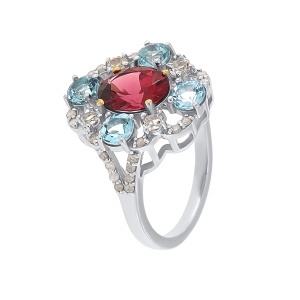 Inel din argint cu granat natural, topaz natural și diamante naturale