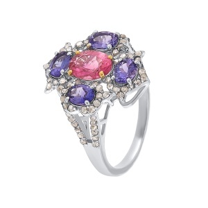 Inel din argint cu tanzanit natural, turmalină naturală și diamante naturale