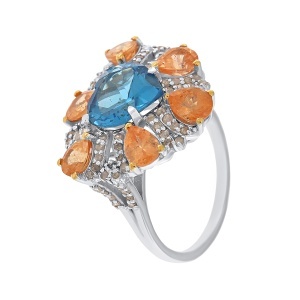 Inel din argint cu topaz natural, granat natural și diamante naturale