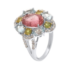 Inel din argint cu turmalină naturală, acvamarine naturale, safire naturale și diamante naturale