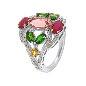 Inel din argint cu turmalină naturală, rubin natural, diopsid chrome natural, safire naturale și diamante naturale
