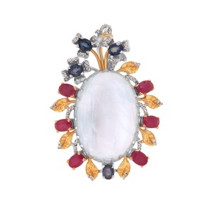 Pandantiv din argint cu piatra lunii naturală, rubin natural, safir natural și diamante naturale