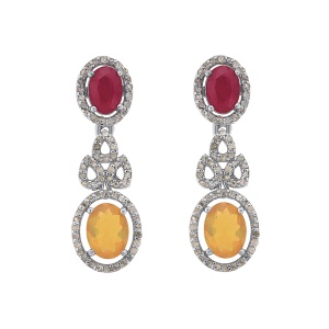 Cercei din argint cu opal natural, rubin natural și diamante naturale
