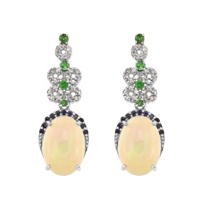 Cercei din argint cu opal natural, tsavorit natural, safir natural și diamante naturale