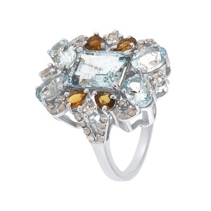 Inel cu acvamarine naturale, turmaline naturale și diamante naturale