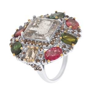 Inel din argint cu acvamarin natural, turmalină naturală și diamante naturale