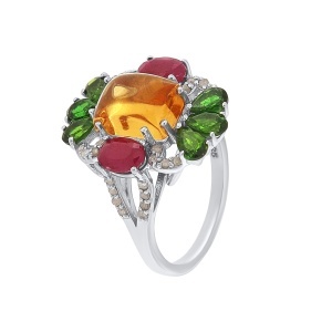 Inel din argint cu citrin natural, rubine naturale, diopside naturale și diamante naturale