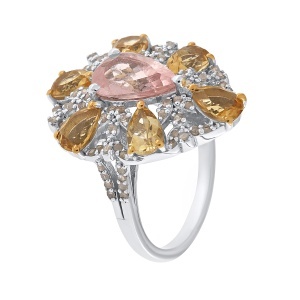 Inel din argint cu morganit natural, citrine naturale și diamante naturale