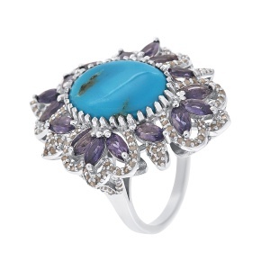 Inel din argint cu turcoaz natural, iolite naturale și diamante naturale