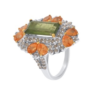 Inel din argint cu turmalină naturală, granat natural și diamante naturale