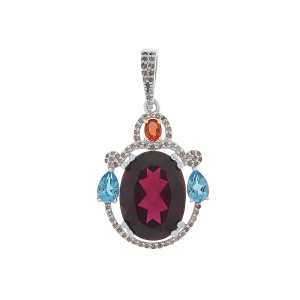 Pandantiv din argint cu granat natural, safir natural și diamante naturale