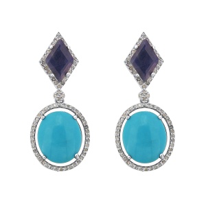 Cercei din argint cu safir natural, turcoaz natural și diamante naturale