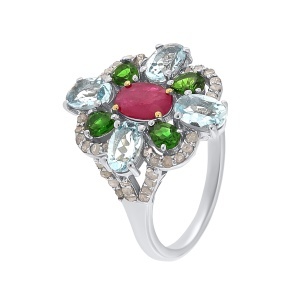 Inel din argint cu acvamarin natural, rubin natural, diopsid chrome natural și diamante naturale