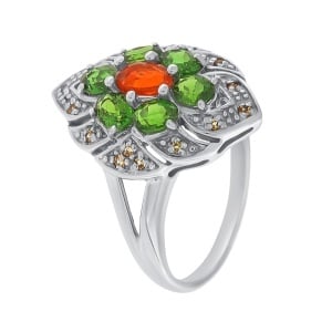 Inel din argint cu diopsid chrome, opal de foc și safire multicolore