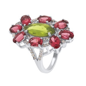 Inel din argint cu granat natural, peridot natural și diamante naturale