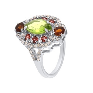 Inel din argint cu peridot natural, granat natural și diamante naturale