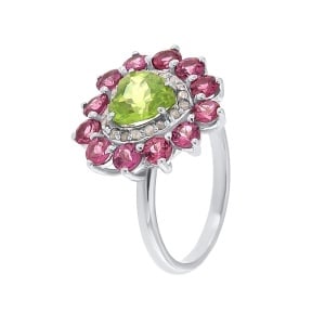 Inel din argint cu peridot natural, granat natural și diamante naturale
