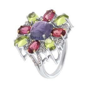Inel din argint cu peridot natural, tanzanit natural, granat natural și diamante naturale