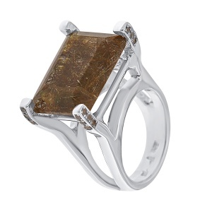 Inel din argint cu piatră de cuarț rutilat naturală și diamante naturale