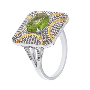 Inel din argint cu piatră de peridot naturală și diamante naturale