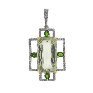 Pandantiv din argint cu diopsid chrome natural, cuarț natural și diamante naturale