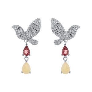Cercei din argint cu opal, turmalină și cubic zirconia