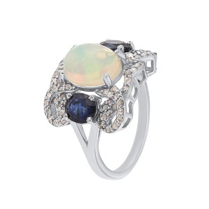 Inel din argint cu opal natural, safir natural și diamante naturale