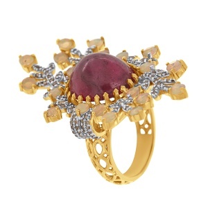 Inel din argint cu rubin natural, opal natural și diamante naturale