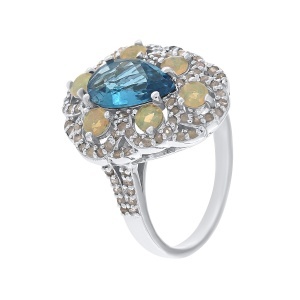 Inel din argint cu topaz natural, opale naturale și diamante naturale