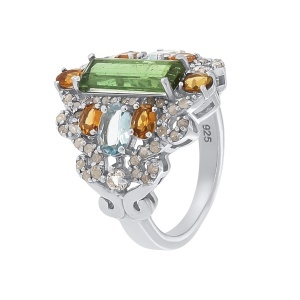 Inel din argint cu turmalină naturală, acvamarine naturale și diamante naturale