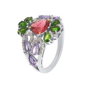 Inel din argint cu turmalină naturală, diopside naturale, tanzanite naturale și diamante naturale