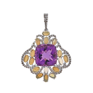 Pandantiv din argint cu ametist natural, opal natural și diamante naturale