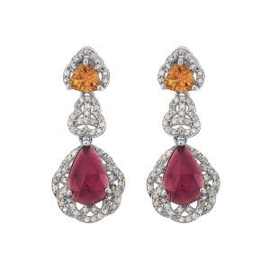 Cercei din argint cu granate naturale, citrine naturale și diamante naturale
