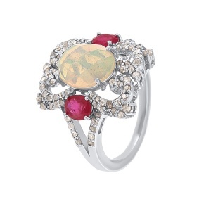 Inel din argint cu opal natural, rubin natural și diamante naturale