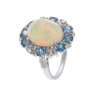 Inel din argint cu opal natural, topaz natural și diamante naturale
