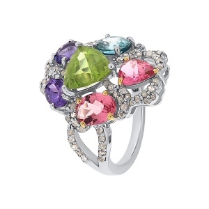 Inel din argint cu peridot natural, turmalină naturală, tanzanit natural, zircon natural și diamante naturale