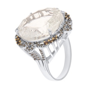Inel din argint cu piatră de cuarț de stâncă naturală și diamante naturale