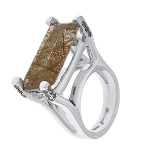 Inel din argint cu piatră de cuarț rutilat naturală și diamante naturale