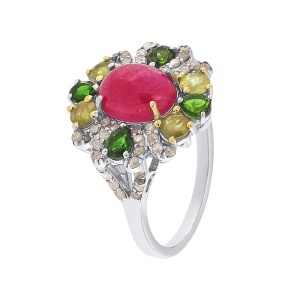 Inel din argint cu rubin natural, safire naturale, diopside naturale și diamante naturale