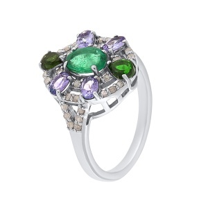 Inel din argint cu smarald natural, tanzanit natural, diopsid chrome natural și diamante naturale