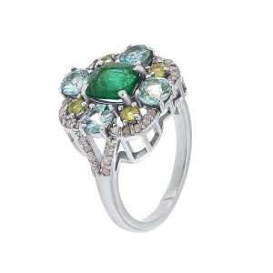 Inel din argint cu smarald natural, zircon natural, safir natural și diamante naturale