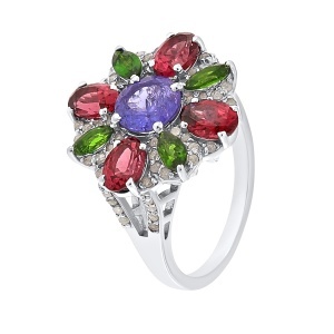 Inel din argint cu tanzanit natural, granat natural, diopsid chrome natural și diamante naturale