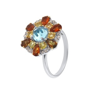 Inel din argint cu topaz natural, safir natural, turmalină n aturală și diamante naturale