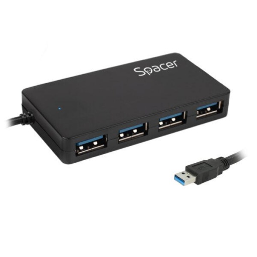Hub extern Spacer, porturi USB: USB 3.0 x 4, conectare prin USB 3.0, lungime cablu 15cm, negru