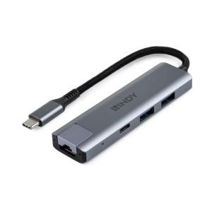 Hub Lindy USB3.2 Gigabit Ethernet, interfata USB C la RJ45 & 2x USB A & 1x USB C, interfata standard USB 3.2 / 3.1 Gen 2, Gigabit LAN, chipset RTL8153 (LAN), GL3590 (Hub), lungime cablu 150mm, gri