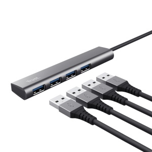 HUB USB Trust Halyx, USB-A la 4 x USB-A 3.2 Gen 1, dimensiune cablu 10cm, din aluminiu, argintiu