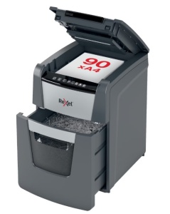 Distrugator documente automat REXEL OPTIMUM 90X, P4, cross-cut (confeti), 90 coli, cos 34l, negru-gri