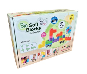 Set cuburi moi cu roți Gerardo’s Toys 21 piese – jucărie educativă senzorială soft pentru bebeluși 6+ luni | cuburi construcție sigure, motricitate, vehicule, material antibacterian