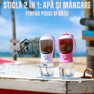 Sticlă portabilă 2-în-1 pentru apă și hrană animale, 330 ml, cu compartiment pentru recompense, buton ON/OFF, fără scurgeri, ideală pentru plimbări, călătorii și drumeții - Yatrick, culoare: alb - Img 3